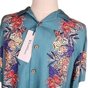 Caribbean Coral Blue Floral Button Up Shirt Mens L NWT Hawaiian Vacation Shirt
